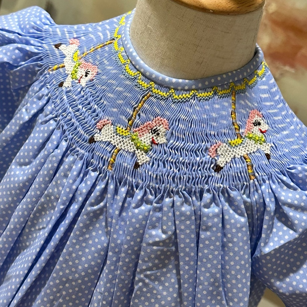NWT Size 5 Remember Nguyen Blue Polka Dot Smocked Dress with Embroidered Horses